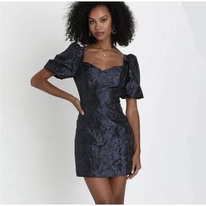 Lulus XS Beyond Amazing Blue Floral Jacquard Mini Party Dress w/ Puff Sleeves